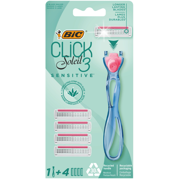 BIC Click 3 Soleil Sensitive Rasoirs  Système pour Femme - Boîte de 1 Manche + 4 Recharges