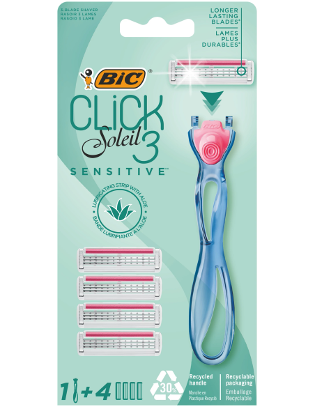 BIC Click 3 Soleil Sensitive Rasoirs  Système pour Femme - Boîte de 1 Manche + 4 Recharges