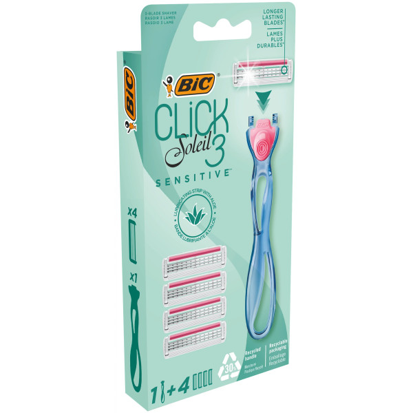 BIC Click 3 Soleil Sensitive Rasoirs  Système pour Femme - Boîte de 1 Manche + 4 Recharges