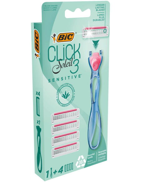 BIC Click 3 Soleil Sensitive Rasoirs  Système pour Femme - Boîte de 1 Manche + 4 Recharges