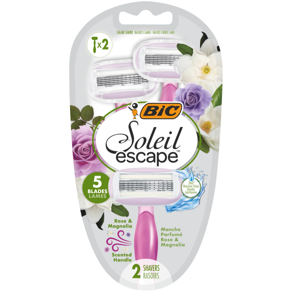 BIC Soleil Escape rasoirs pour femmes 5 Lames Rose & Magnolia avec bande lubrifiante enrichie en huile d’amande douce – Pack de