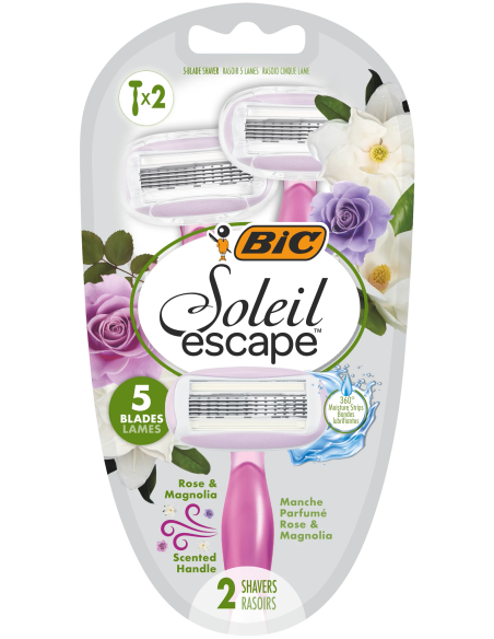 BIC Soleil Escape rasoirs pour femmes 5 Lames Rose & Magnolia avec bande lubrifiante enrichie en huile d’amande douce – Pack de