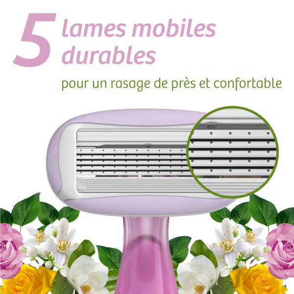 BIC Soleil Escape rasoirs pour femmes 5 Lames Rose & Magnolia avec bande lubrifiante enrichie en huile d’amande douce – Pack de