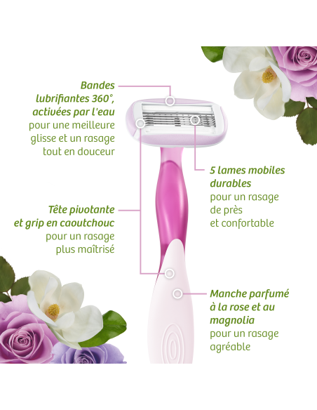 BIC Soleil Escape rasoirs pour femmes 5 Lames Rose & Magnolia avec bande lubrifiante enrichie en huile d’amande douce – Pack de