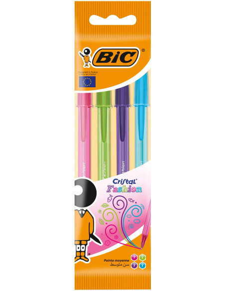 BIC Cristal Fashion Stylos-Bille Pointe Large Couleurs, Fun Pack de 4