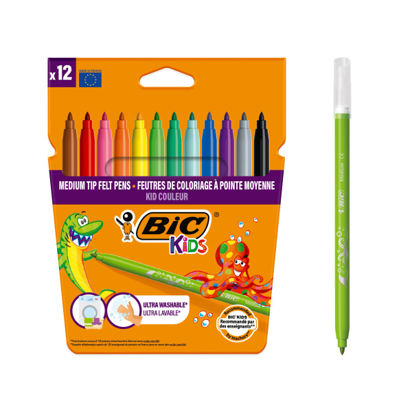 BIC Kids Kid Couleur Feutres de coloriage Pointe moyenne - Couleurs assorties, Pack de 12