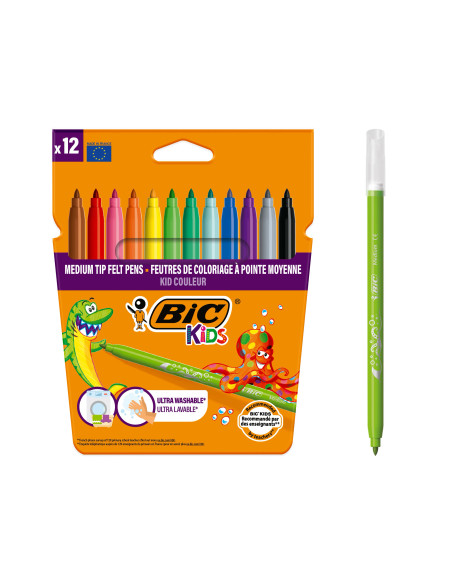 BIC Kids Kid Couleur Feutres de coloriage Pointe moyenne - Couleurs assorties, Pack de 12