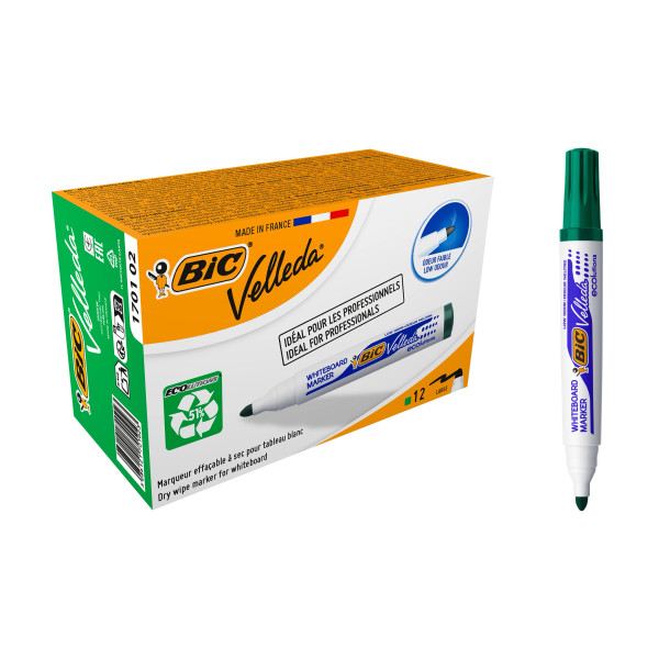 BIC Velleda Marqueurs pour Tableau Blanc Effaçables à Sec à Pointe Conique Large - Vert, Boîte de 12