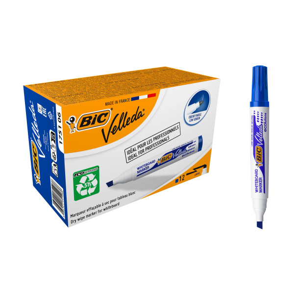 BIC Velleda Marqueurs pour Tableau Blanc Effaçables à Sec à Pointe Moyenne Biseautée - Bleu, Boîte de 12