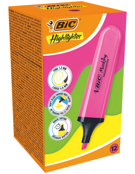 BIC Marking Flat Surligneurs avec Pointe Biseautée Modulable - Rose Fluo, Pack de 12