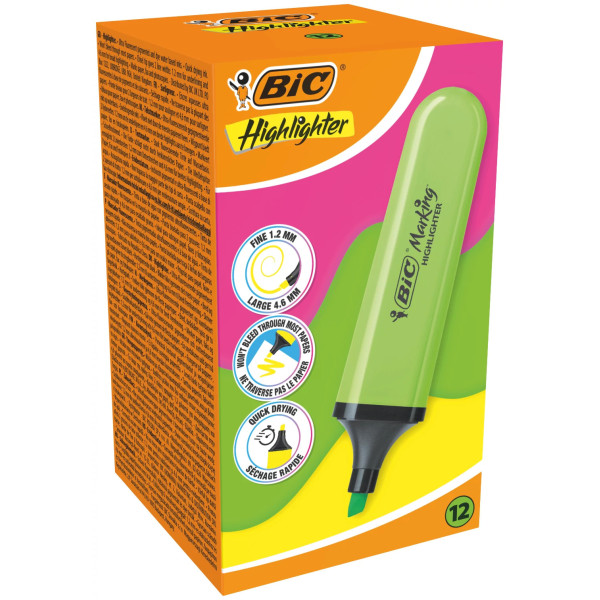 BIC Marking Flat Surligneurs avec Pointe Biseautée Modulable - Vert Fluo, Pack de 12 2