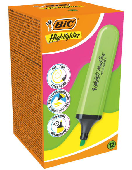 BIC Marking Flat Surligneurs avec Pointe Biseautée Modulable - Vert Fluo, Pack de 12