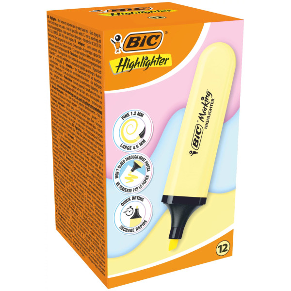BIC Marking Flat Surligneurs avec Pointe Biseautée Modulable - Jaune Pastel, Pack de 12