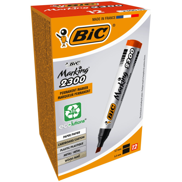 BIC Marking 2300 ECOlutions Marqueurs Permanents à Pointe Moyenne Biseautée - Rouge, Boîte de 12