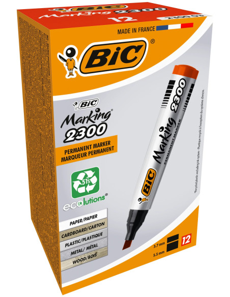 BIC Marking 2300 ECOlutions Marqueurs Permanents à Pointe Moyenne Biseautée - Rouge, Boîte de 12