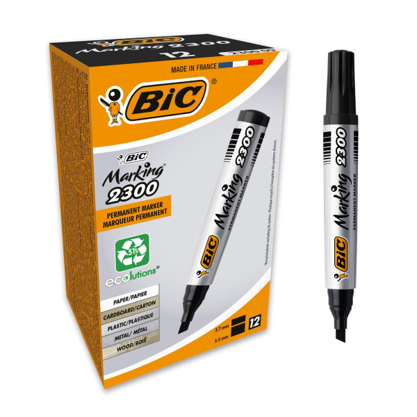 BIC Marqueurs Permanents à Pointe Ogive - Noir, Pack de 12