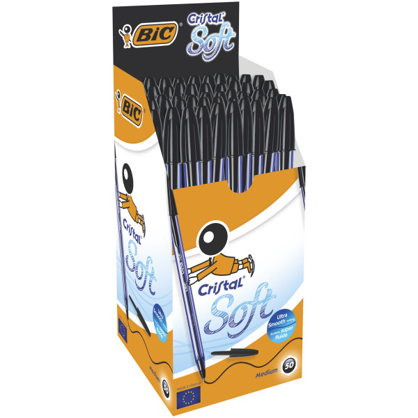 BIC Cristal Soft Stylos-Bille Pointe Large - Noir, Boîte de 50