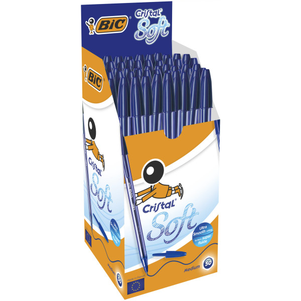 BIC Cristal Soft Stylos-Bille Pointe Moyenne (1,2 mm), écriture 35% plus douce - Bleu, Boîte de 50