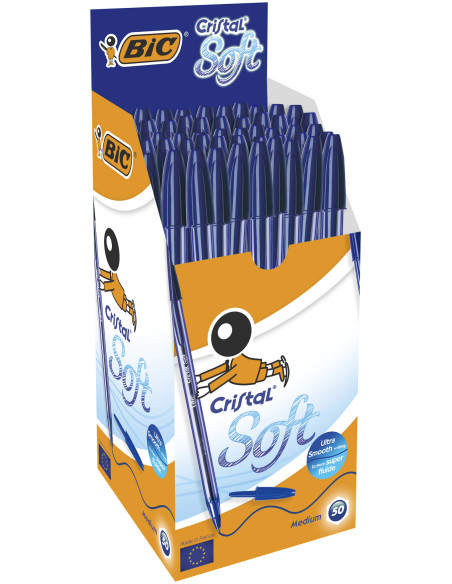 BIC Cristal Soft Stylos-Bille Pointe Moyenne (1,2 mm), écriture 35% plus douce - Bleu, Boîte de 50