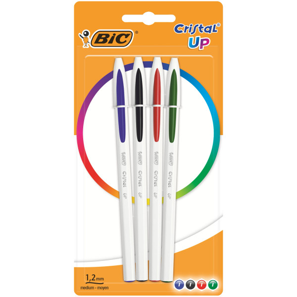 BIC Cristal Up Stylo-Bille Pointe Moyenne, Couleurs Assorties, Blister de 4