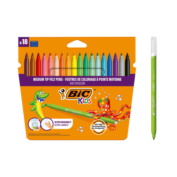 BIC Kids Kid Couleur Feutres de coloriage Pointe moyenne - Couleurs assorties, Pack de 18