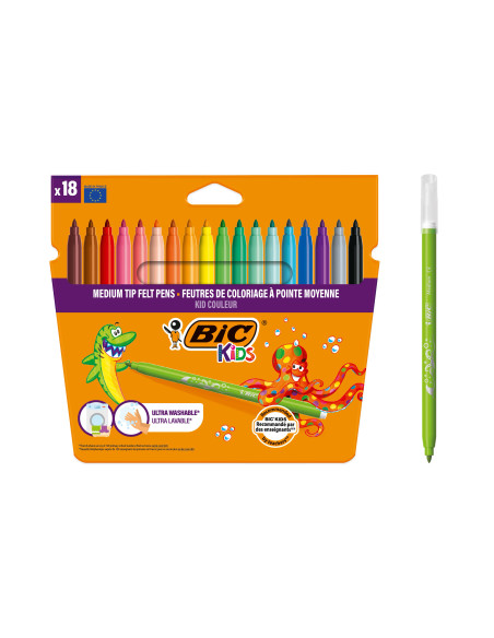 BIC Kids Kid Couleur Feutres de coloriage Pointe moyenne - Couleurs assorties, Pack de 18