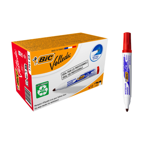 BIC Velleda Marqueurs pour Tableau Blanc Effaçables à Sec à Pointe Conique Large - Rouge, Boîte de 12
