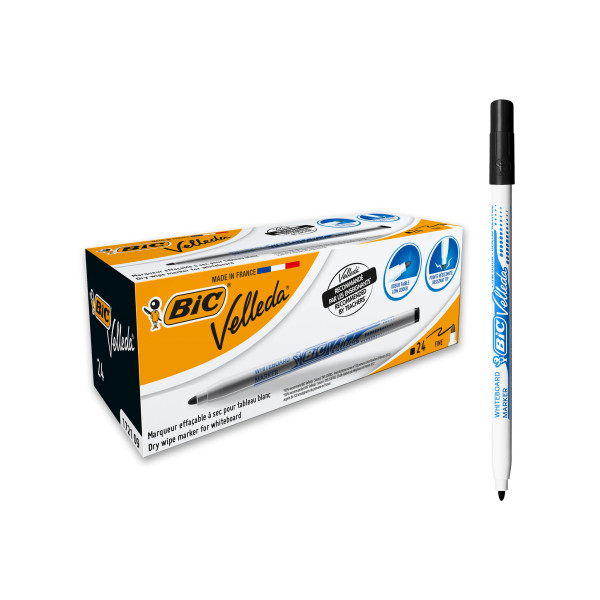 BIC Velleda 1721 Feutres pour Tableau Blanc Effaçables à Sec Pointe Conique Fine - Encre Noire, Boîte de 12