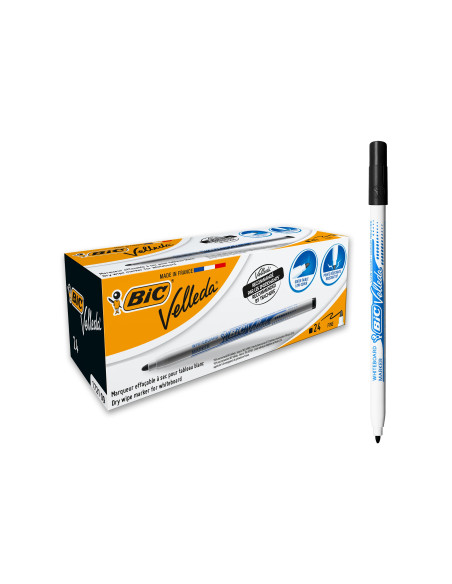 BIC Velleda 1721 Feutres pour Tableau Blanc Effaçables à Sec Pointe Conique Fine - Encre Noire, Boîte de 12