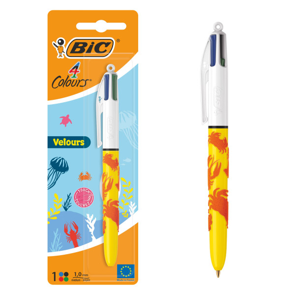 BIC 4 Couleurs Velours Stylo-Bille Rétractables Pointe Moyenne, Motifs Assortis, Blister de 1
