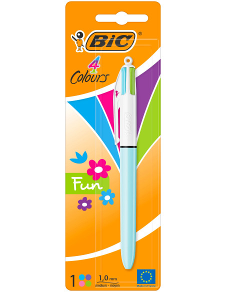 BIC 4 Couleurs Fun Stylos-Bille Rétractables Pointe Moyenne, Couleurs Fantaisies Mauve ou Turquoise, Blister de 1