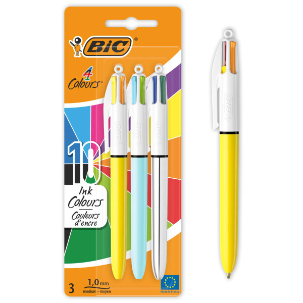 BIC 4 Couleurs Shine/Fun/Sun Stylos-Bille Pointe Moyenne (1,0 mm) - Couleurs Assorties, Pack de 3
