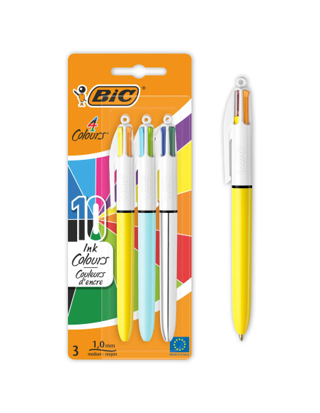 BIC 4 Couleurs Shine/Fun/Sun Stylos-Bille Pointe Moyenne (1,0 mm) - Couleurs Assorties, Pack de 3
