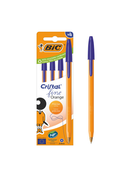 BIC Cristal Orange Original Fine Stylos-Bille Pointe Fine, Couleur Bleue, Lot de 4