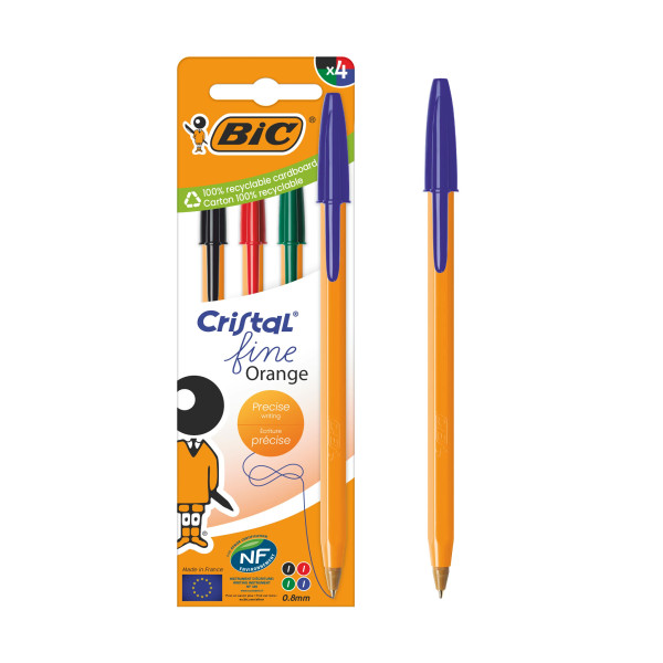 BIC Cristal Orange Original Fine Stylos-Bille Pointe Fine, Couleurs d’Encre Assorties, Lot de 4