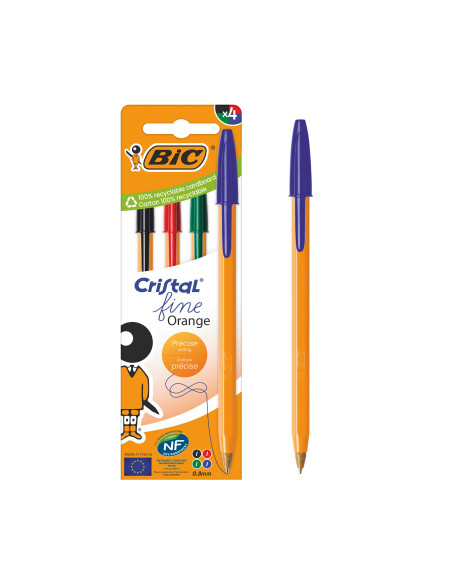 BIC Cristal Orange Original Fine Stylos-Bille Pointe Fine, Couleurs d’Encre Assorties, Lot de 4