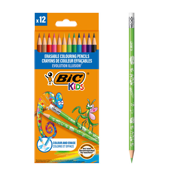 BIC Kids Evolution Illusion Crayons de Couleur Effaçables - Couleurs Assorties, Etui Carton de 12