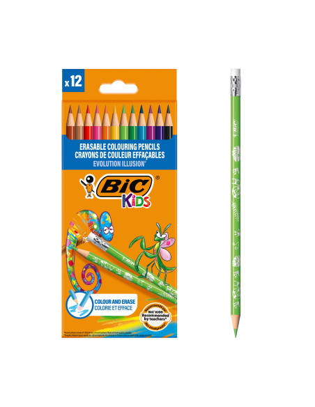 BIC Kids Evolution Illusion Crayons de Couleur Effaçables - Couleurs Assorties, Etui Carton de 12