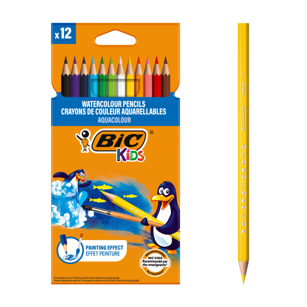 BIC Kids Aquacouleur Crayons de Couleur Aquarellables, Couleurs Assorties, Etui Carton de 12