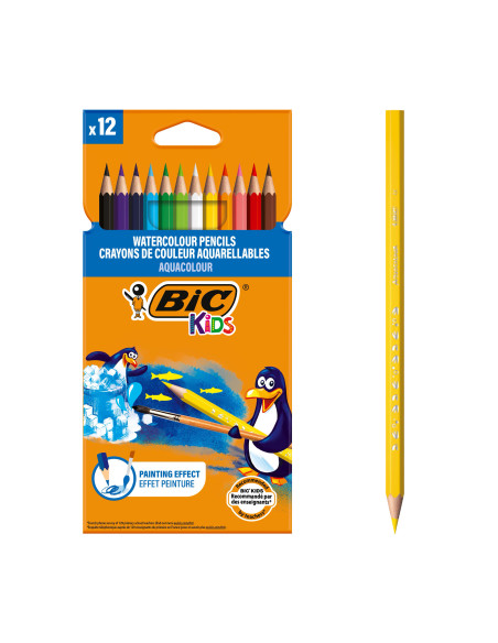 BIC Kids Aquacouleur Crayons de Couleur Aquarellables, Couleurs Assorties, Etui Carton de 12