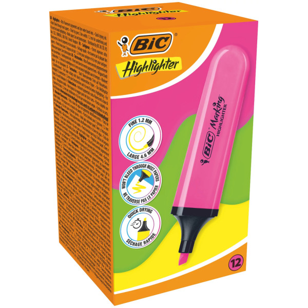 BIC Marking Flat Surligneurs avec Pointe Biseautée Modulable - Rose Fluo, Pack de 12