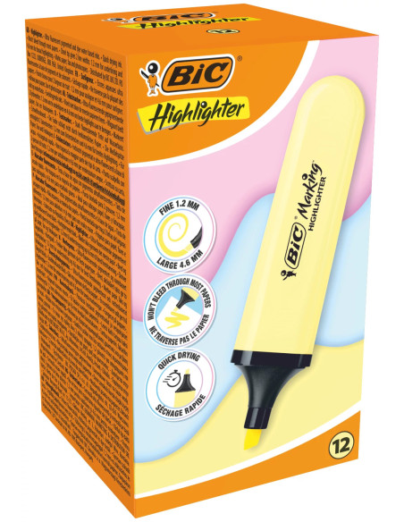 BIC Marking Flat Surligneurs avec Pointe Biseautée Modulable - Jaune Pastel, Pack de 12