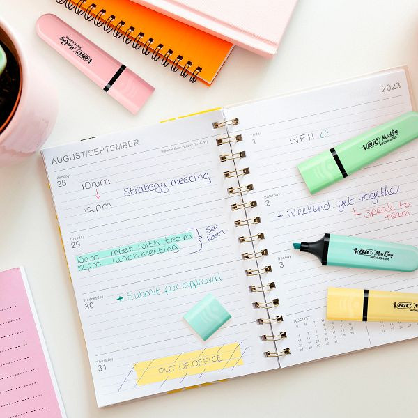 BIC Marking Flat Surligneurs avec Pointe Biseautée Modulable - Jaune Pastel, Pack de 12