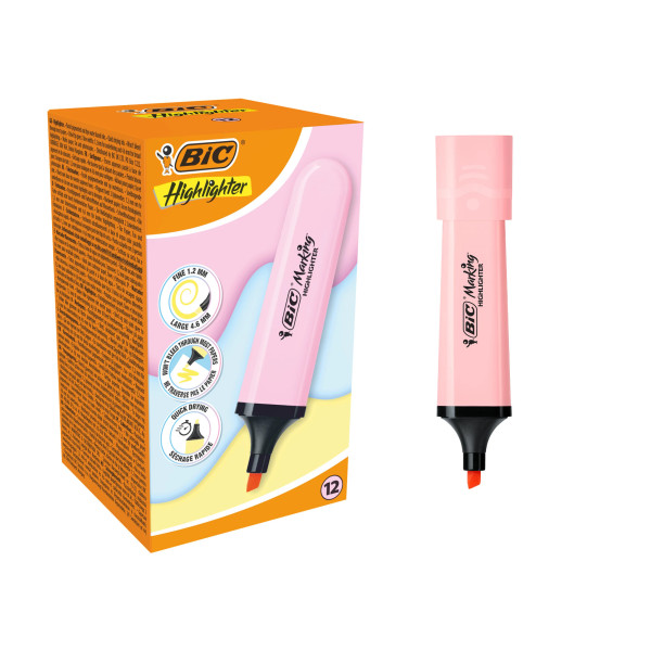 BIC Marking Flat Surligneurs avec Pointe Biseautée Modulable - Rose Pastel, Pack de 12
