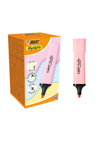 BIC Marking Flat Surligneurs avec Pointe Biseautée Modulable - Rose Pastel, Pack de 12
