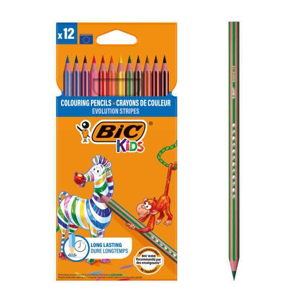 BIC Kids Evolution Stripes Crayons de Couleur - Couleurs Assorties, Pack de 12