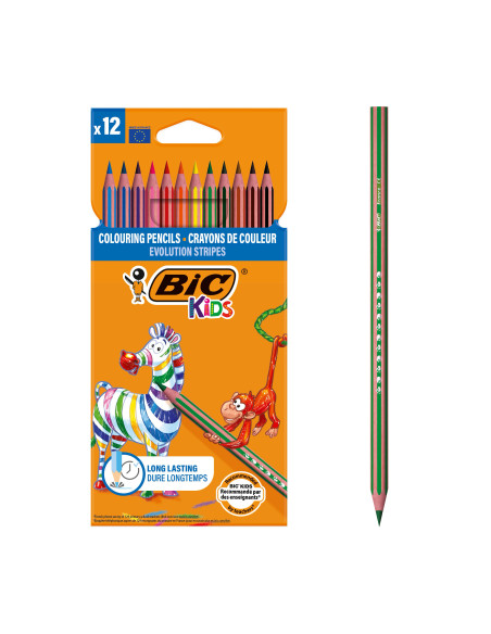 BIC Kids Evolution Stripes Crayons de Couleur - Couleurs Assorties, Pack de 12