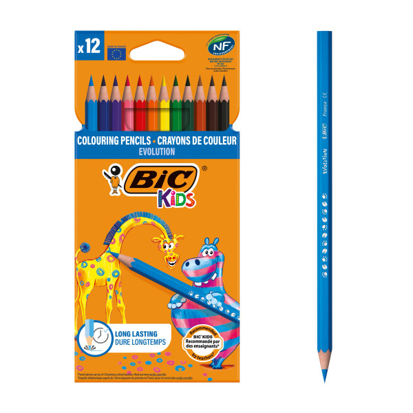 BIC Kids Evolution Crayons de Couleur - Couleurs assorties, Pack de 12