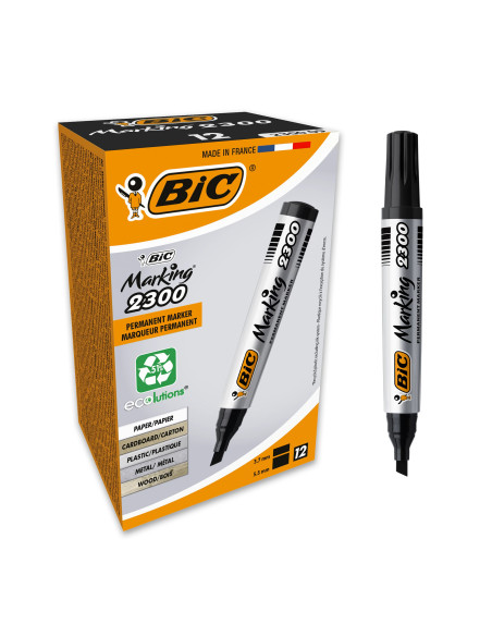 BIC Marqueurs Permanents à Pointe Ogive - Noir, Pack de 12