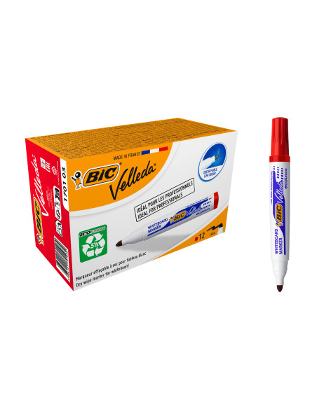 BIC Velleda Marqueurs pour Tableau Blanc Effaçables à Sec à Pointe Conique Large - Rouge, Boîte de 12